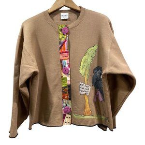 Stick Chics Womens Vintage Handpainted Design Button Front Crew Neck Sweater M